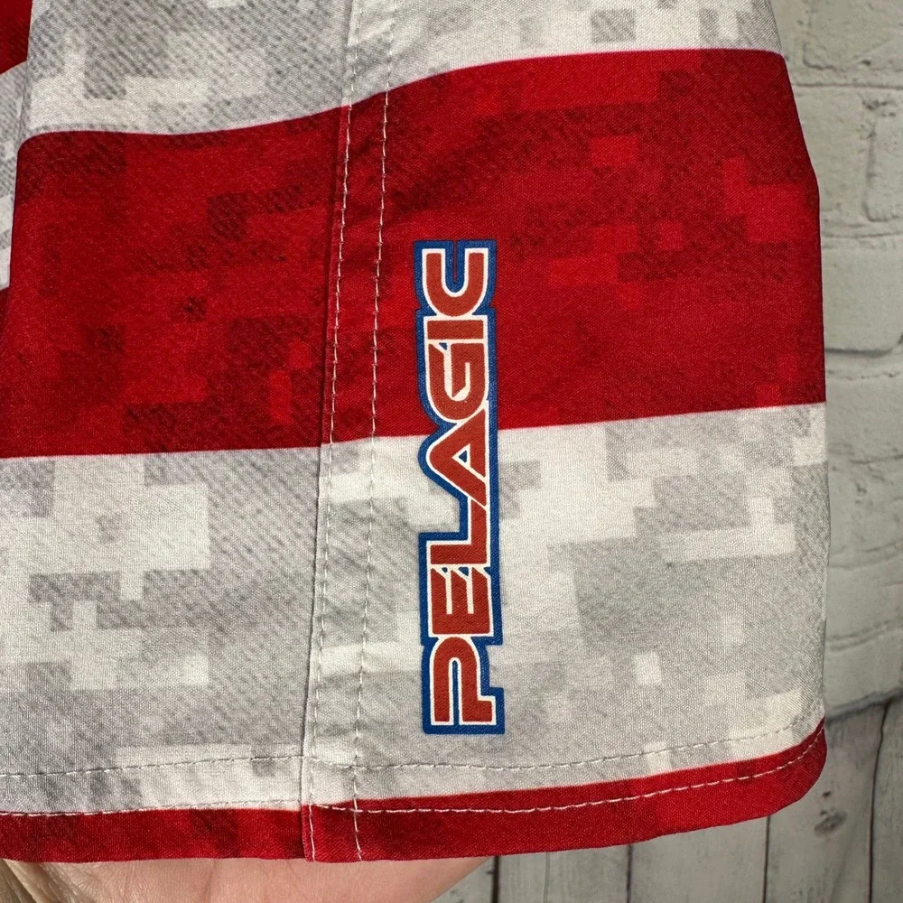 Pelagic Mens Sharkskin Boardshorts American Flag Fish Camo Blue Red White 40